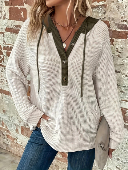 Color Block Button Front Drawstring Hoodie - Casual Long Sleeve Sweatshirt for Women