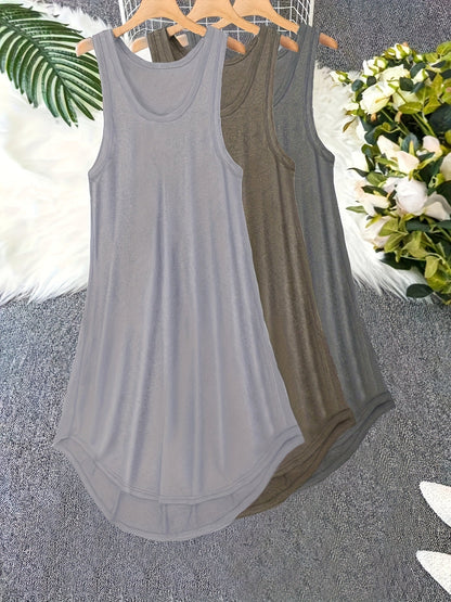 3 Pack Plus Size Basic Lounge Dress Set – Women's Solid Round Neck Tank Sleep Dress, 3 Piece Set