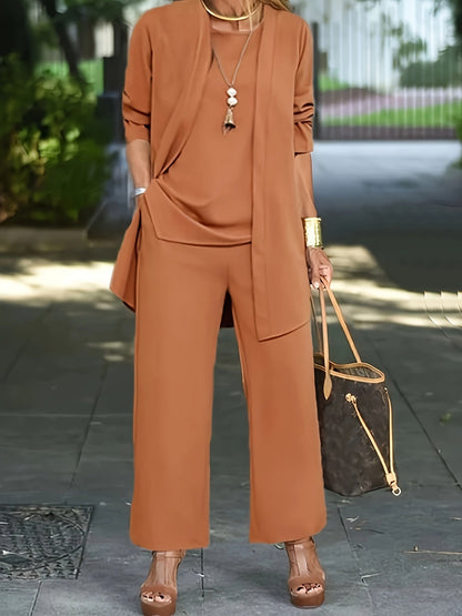 Casual Three-Piece Solid Set – Long Sleeve Cardigan, Top, and Long Pants Outfit for Women