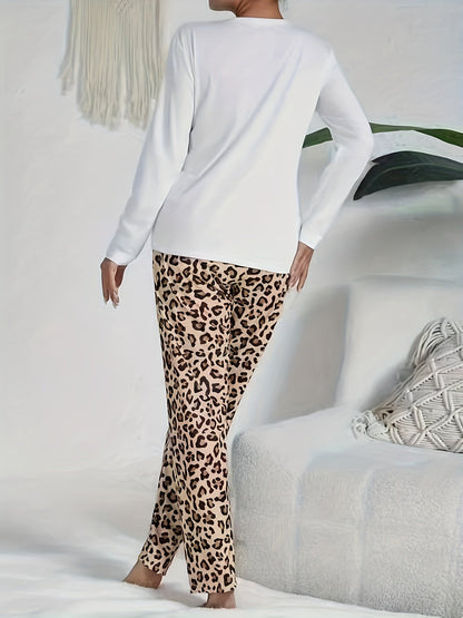 Leopard Print Long Sleeve Pajama Set with Heart Pattern – Women's Cozy Sleepwear