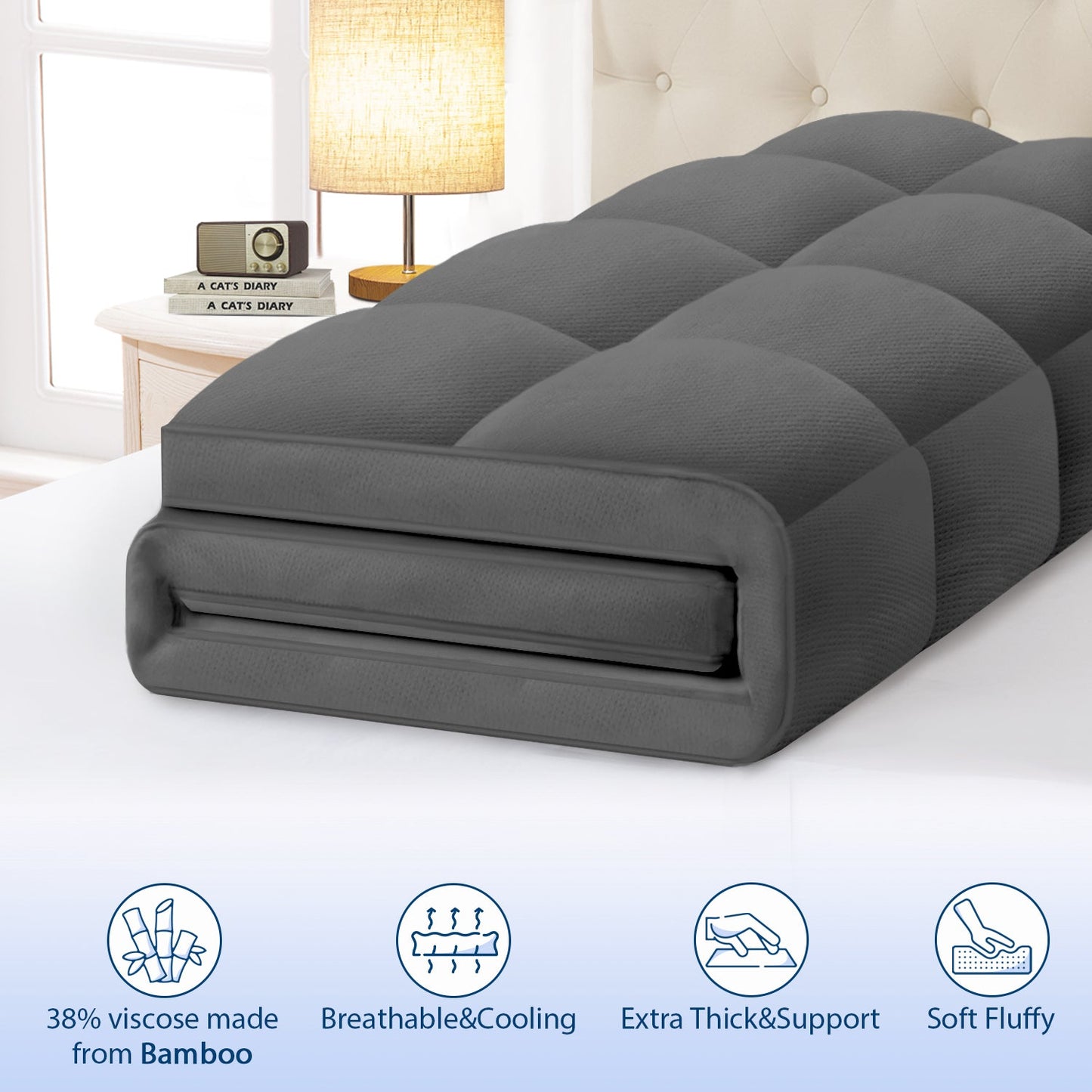 Viscose Bamboo Mattress Topper – Thick Cooling Breathable Pillow Top for Back Pain Relief – Deep Pocket Fits 8-20 Inch Mattresses
