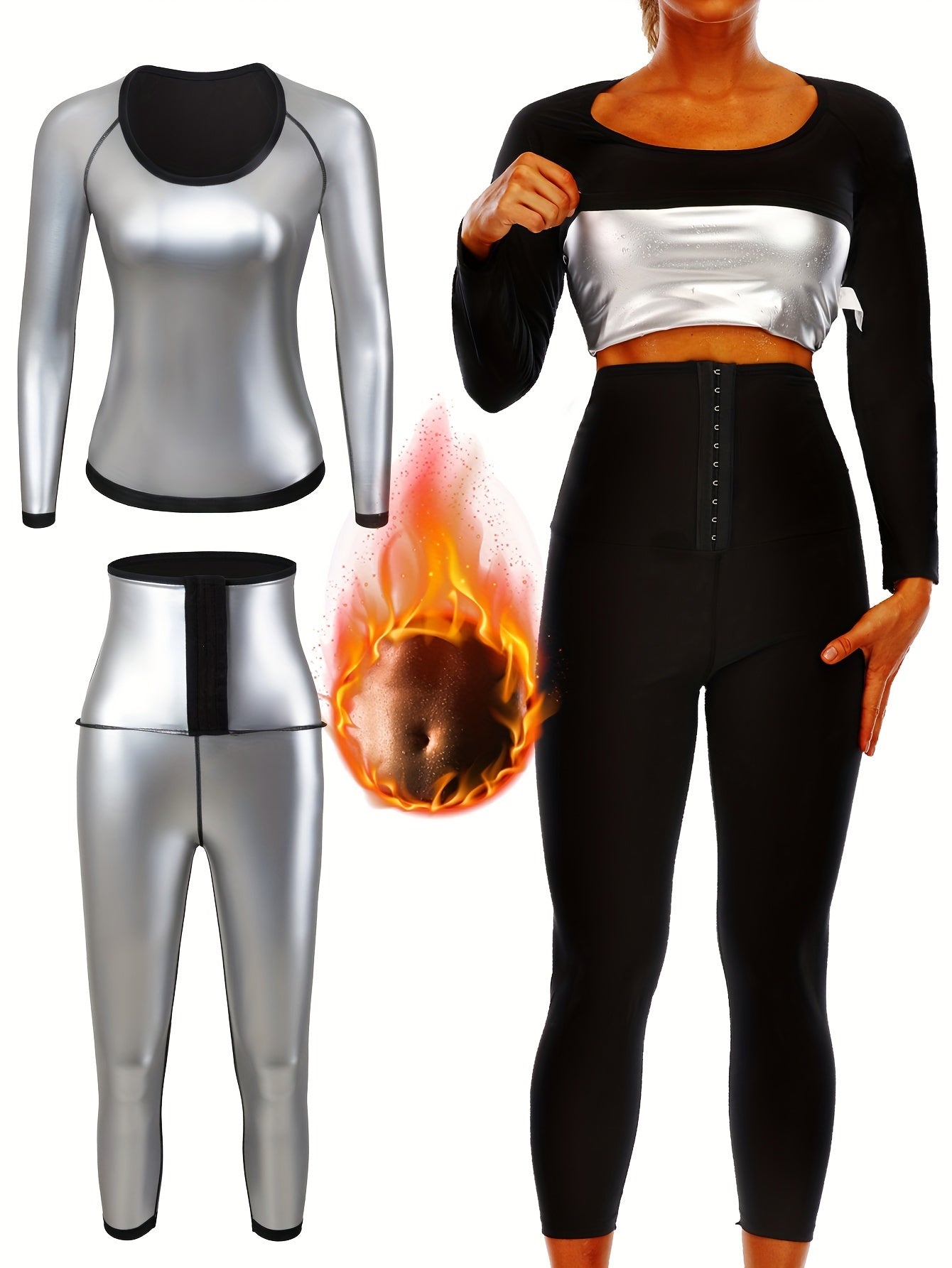 Women's Sauna Sweat Suit Set – Heat-Trapping Long Sleeve Shirt and Leggings, High Waist Fitness Yoga Gear for Fall and Winter