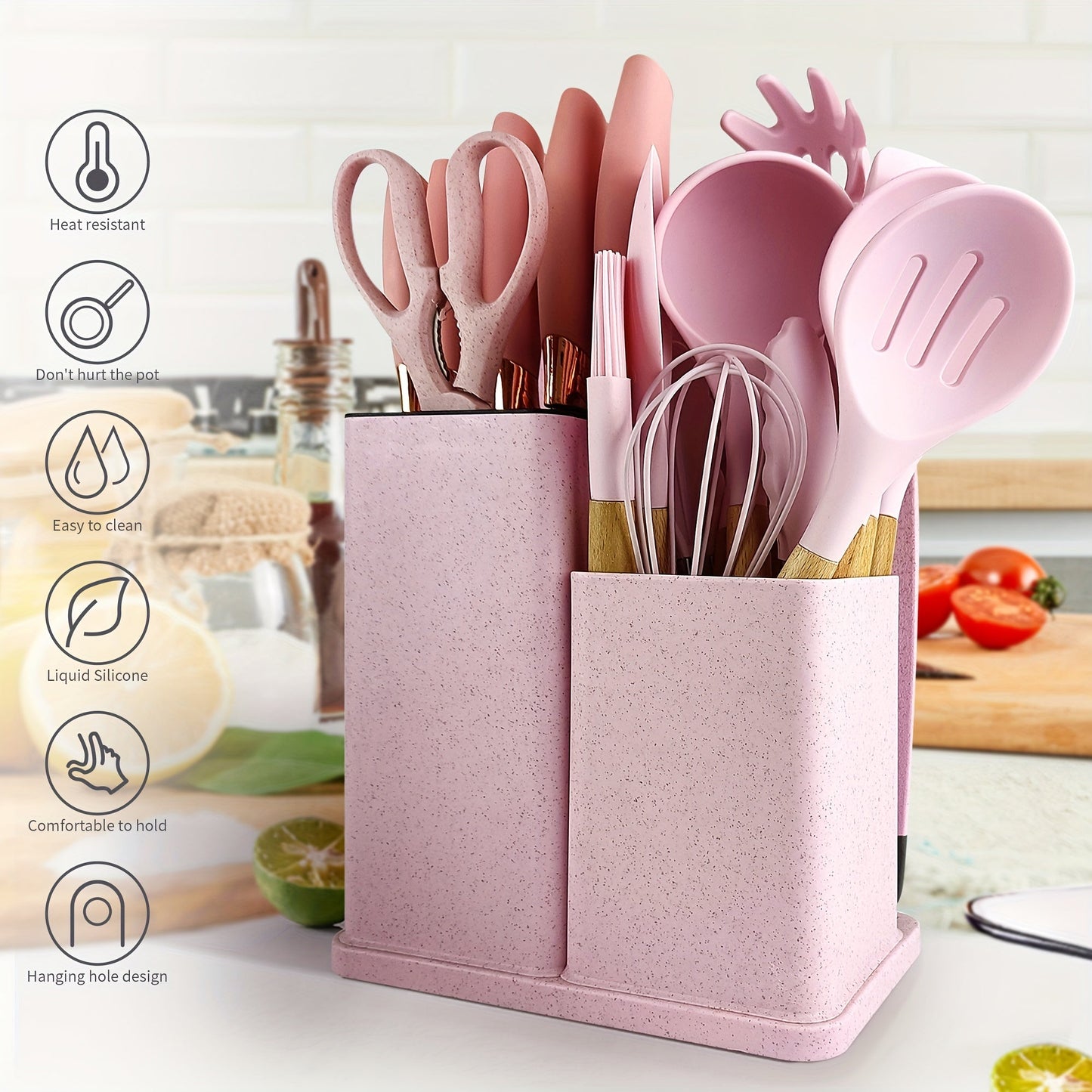 19 Piece Deluxe Silicone Kitchen Utensil Set - Heat-Resistant, Non-Stick, Ergonomic Wooden Handles, Includes Sharp Knives - Bamboo Storage Bucket for Easy Organization - Perfect for Holiday Cooking and Gift-Giving