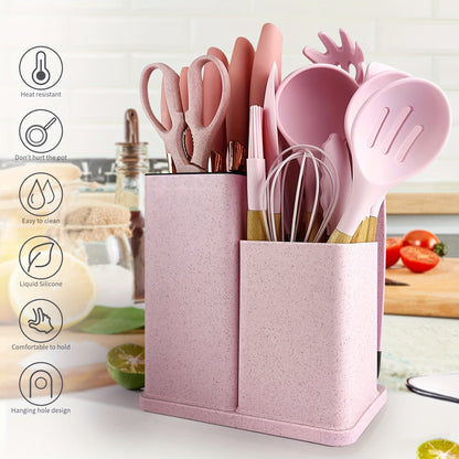 19 Piece Deluxe Silicone Kitchen Utensil Set - Heat-Resistant, Non-Stick, Ergonomic Wooden Handles, Includes Sharp Knives - Bamboo Storage Bucket for Easy Organization - Perfect for Holiday Cooking and Gift-Giving
