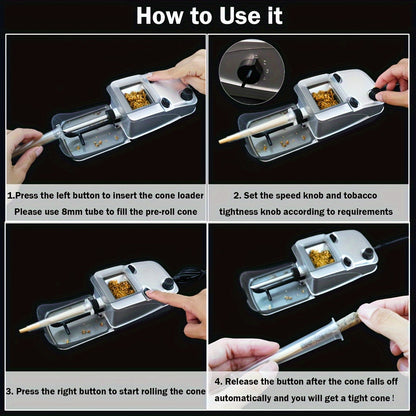 3-in-1 Electric Pre Roll Machine – Automatic Tobacco Roller for 6.5mm & 8mm Tubes and Pre Roll Cones – Fast, Easy Rolling with Adjustable Speed and Compact Design