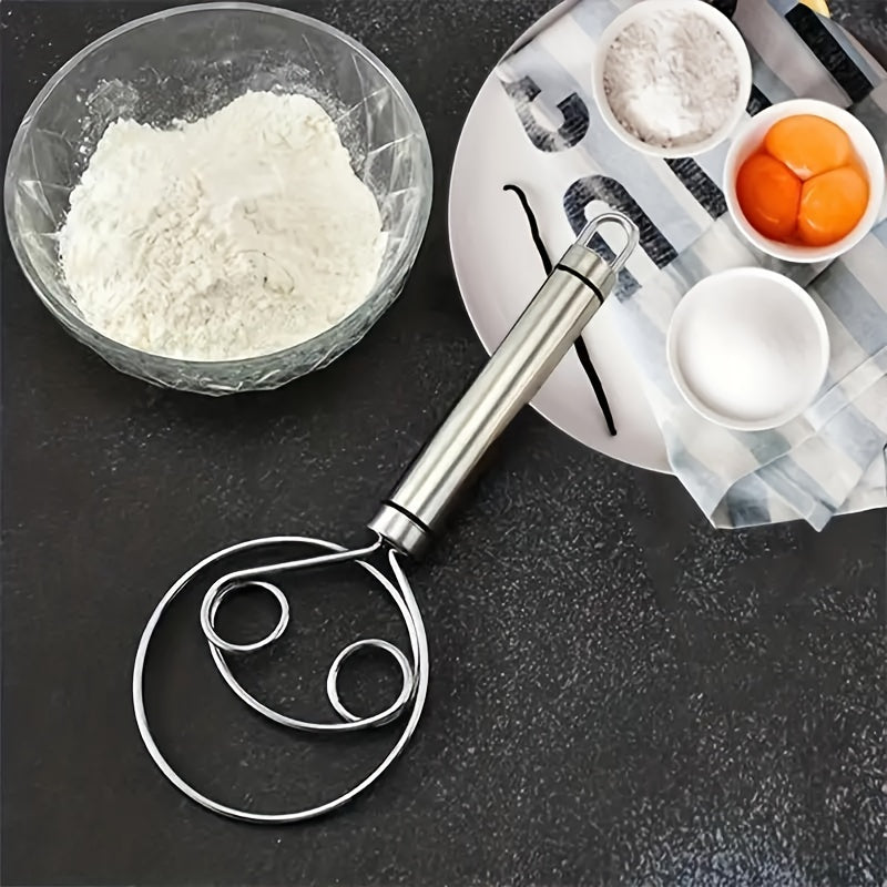 Stainless Steel Dough Mixer and Whisk - Handheld Bread Tool with Dough Scraper - Double Hole Quick Mixing for Cooking, Baking, and Food Trucks