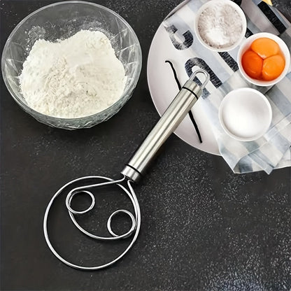 Stainless Steel Dough Mixer and Whisk - Handheld Bread Tool with Dough Scraper - Double Hole Quick Mixing for Cooking, Baking, and Food Trucks