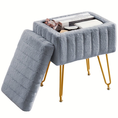 Luxurious Faux Fur Vanity Storage Ottoman Chair - Metal Legs, Flip-Top Foot Rest, Soft Padded Seat, Ample Storage
