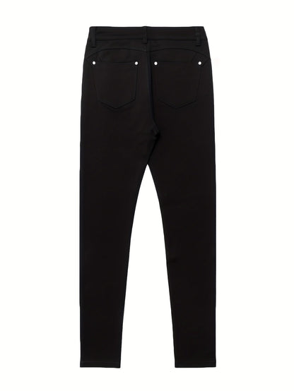 Women's High Waist Stretch Jeans - Street Style Skinny Denim Pants with Metal Button Details, Plain Black Casual Fashion