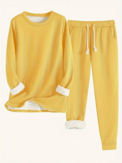 Women's Solid Color Thermal Set – Long Sleeve Sweatshirt & Drawstring Pants Outfit