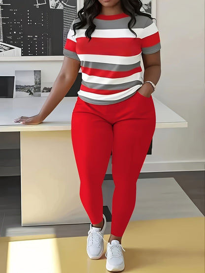Plus Size Women's Casual Lash Set - Crew Neck Short Sleeve Top and Pocket Pants - Medium Stretch, Random Print, Machine Washable - Daily and Casual Outfit