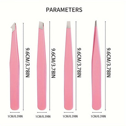 Professional Stainless Steel Tweezers Set – Precision Eyebrow Tweezers for Facial Hair, Splinter & Ingrown Hair Removal, with Storage Bag (Pink)