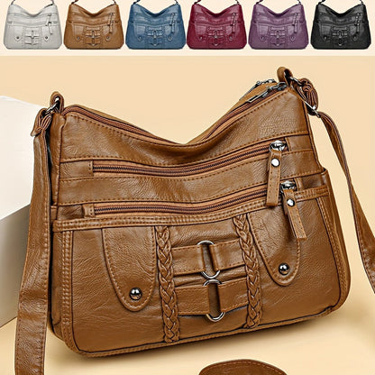 Retro Rivet Crossbody Bag for Women - PU Leather Multi-Zipper Messenger Bag