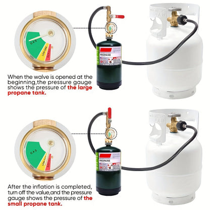 36" Propane Refill Adapter Hose with Pressure Gauge - High-Pressure Camping Grill Connection, 350PSI QCC/Type1 Inlet, 1LB Propane Tank Adapter | ON-Off Control Valve, Durable Construction for Safe Outdoor Cooking
