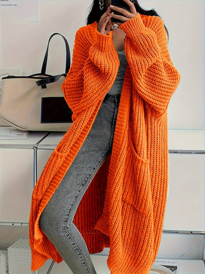 Solid Color Open Front Knitted Cardigan - Casual Long Sleeve Long Length for Spring and Fall Women's Clothing