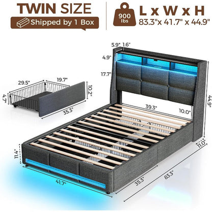 Twin Full Queen Bed Frame with LED Lighting and Charging Station - PU Leather/Neutral Linen Storage Headboard, Drawers, Heavy Duty Wood Slats, Easy Assembly - Modern Bedroom Furniture Upgrade