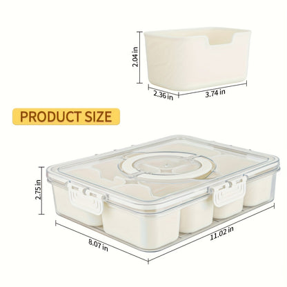 Divided Serving Tray with Handle - Lid and Removable Snack Box, 8-Compartment Fruit Container, Food Storage, Snack and Lunch Organizer, Fridge Platter for Candy, Party, Salad