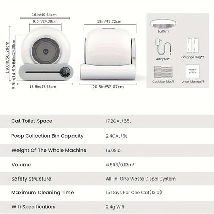 Self-Cleaning Litter Box - Automatic with Pad, 17.17gal+2.38gal Large Capacity, APP Control, Suitable for Multiple Cats