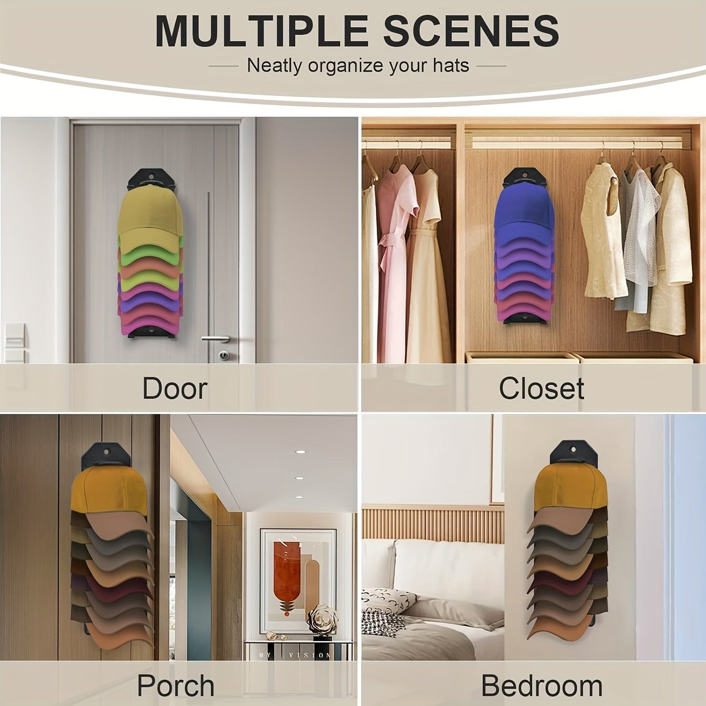 Feiku Wall-Mounted Hat Organizer – Space-Saving Baseball Cap Holder with Strong Adhesive, Easy Installation, Holds 8 Caps for Closet, Bedroom & Door