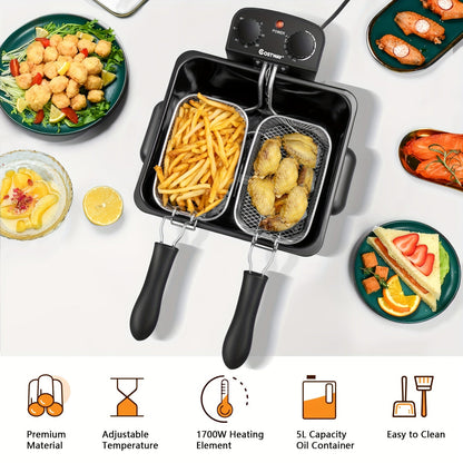 21-Cup Extra-Large Electric Deep Fryer - Stainless Steel Body, 1700W Power, Triple Basket for Easy Frying, Cooking, and Serving