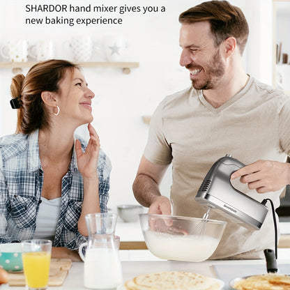 SHARDOR 350W Hand Mixer – 5-Speed Electric Mixer with Turbo, 5 Stainless Steel Attachments & Storage Case, Silver