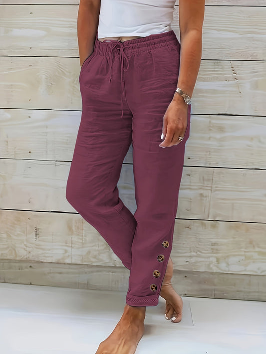 Comfy Solid Color Cotton Slim Straight Pants – Drawstring Waist, Slant Pockets, Button Decor – Breathable & Soft Fabric, Ideal for Spring, Summer, Fall