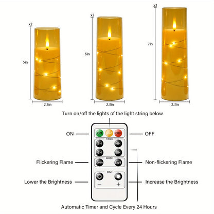 Flameless Battery-Powered Column Candle - 7 LED Acrylic Flashing Candle with Remote Control, Embedded Star String for Halloween and Christmas Decoration