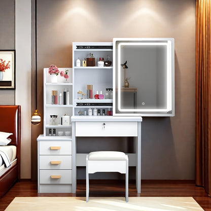 White Dressing Table with Sliding Mirror and Stool - 4 Drawers, High-End Bedroom Cabinet, Integrated Design for Small Apartments