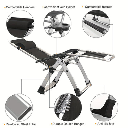 Zero Gravity Chair – Reclining Lounge Chair with Removable Cushion & Cup Holder, Indoor/Outdoor Patio Recliner, Supports Up to 440lbs