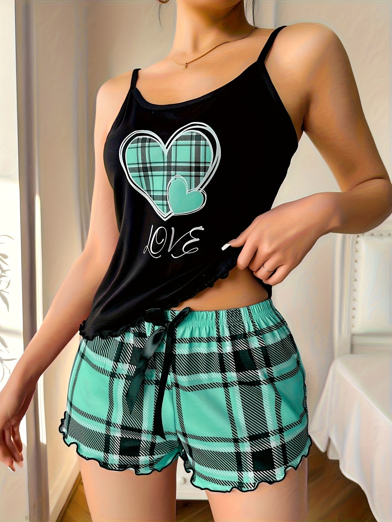 Women's Plaid Heart Print Pajama Set – Frill Trim Cami Top & Shorts – Round Neck Backless – Comfortable Relaxed Fit for Summer Nightwear