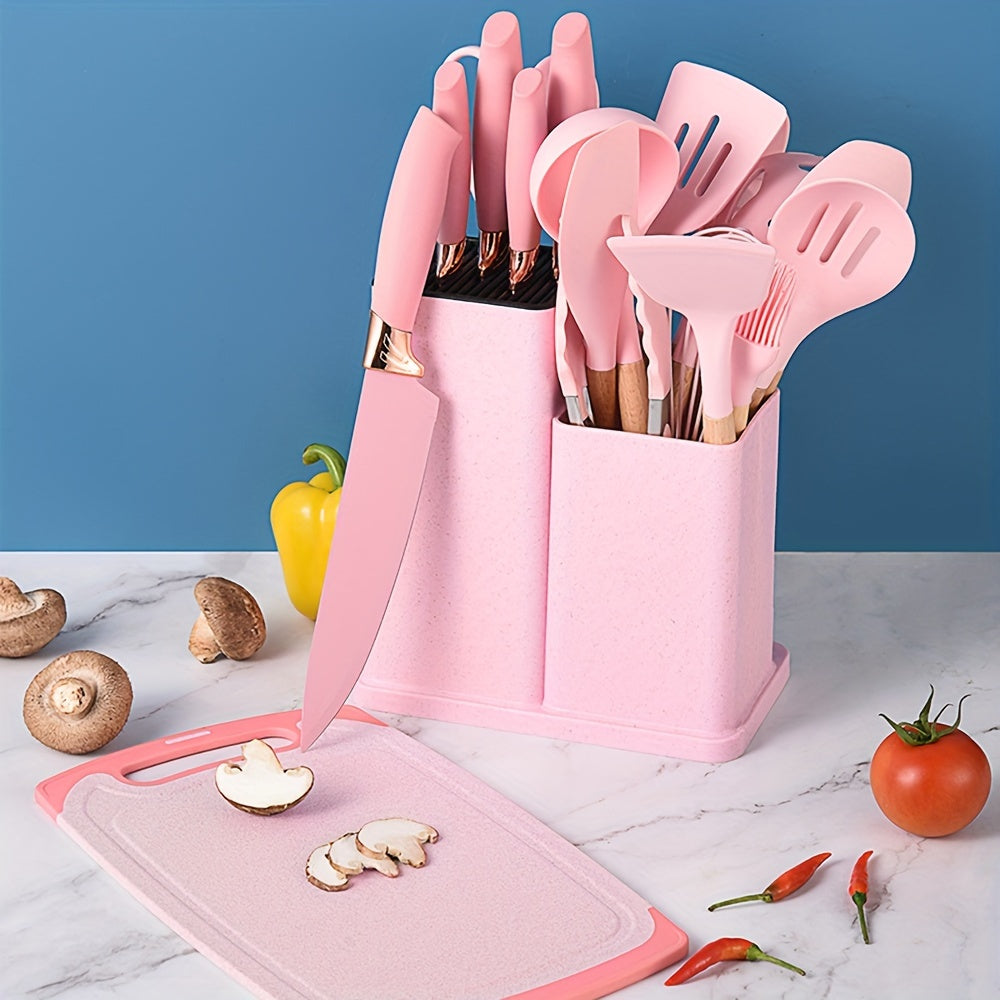 19 Piece Deluxe Silicone Kitchen Utensil Set - Heat-Resistant, Non-Stick, Ergonomic Wooden Handles, Includes Sharp Knives - Bamboo Storage Bucket for Easy Organization - Perfect for Holiday Cooking and Gift-Giving