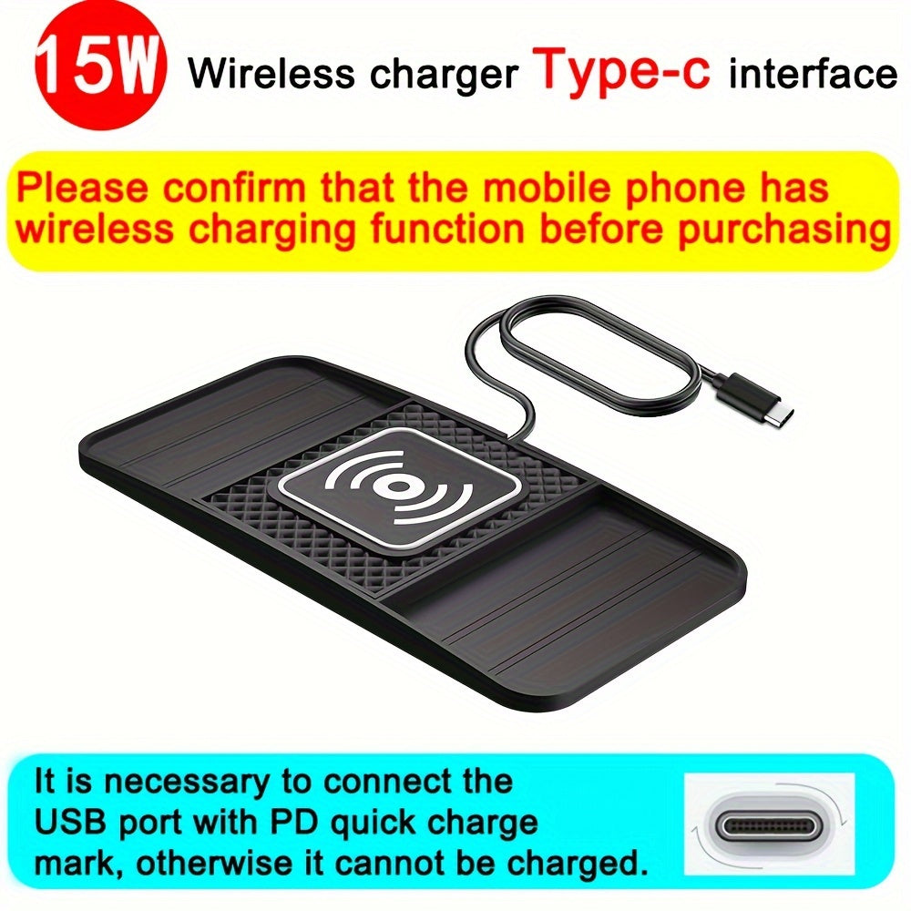 15W Fast Wireless Charging Pad with USB Connector - Non-Slip Rubber Mat for Car, Lightweight USB-Powered Charger for Qi-Enabled Devices, Phone, Watch & Earbuds Multi-Device Charging