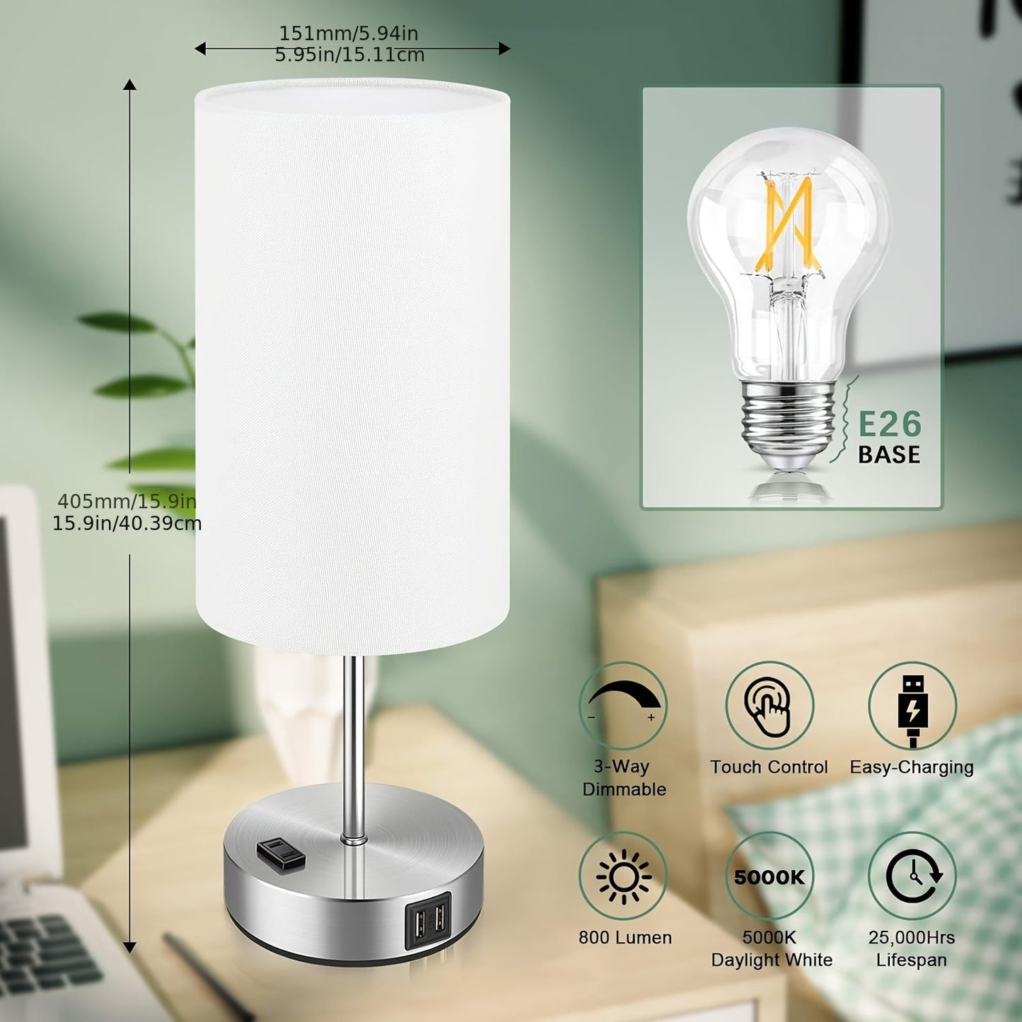 Set of 2 Touch Control Table Lamps with USB Ports and AC Outlet – 3 Way Dimmable Bedside Lamps with White Fabric Shade for Bedroom and Living Room, A19 LED Bulbs Included