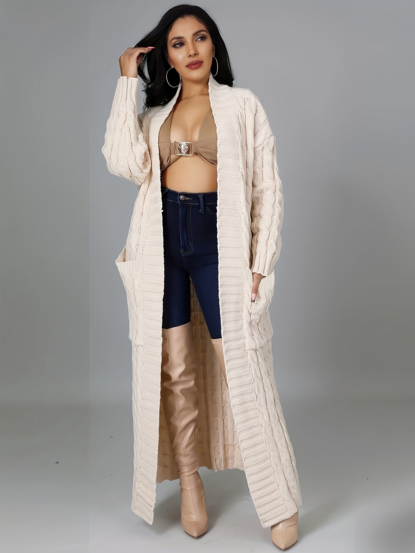 Long Length Cable Knit Cardigan – Elegant Solid Long Sleeve Sweater with Pockets – Women's Clothing