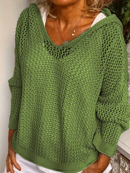 Solid Color Hooded Pullover Sweater – Casual Long Sleeve Cut-Out Knitted Sweater for Spring and Summer – Women's Clothing