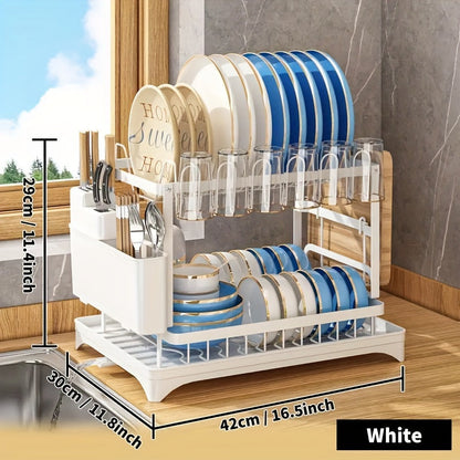 2 Tier Rustproof Metal Dish Rack with Drainboard and Utensil Holder – Space-Saving Kitchen Countertop Organizer for Dishes and Utensils, Easy to Clean