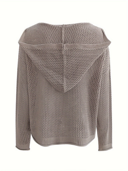 Solid Color Hooded Pullover Sweater – Casual Long Sleeve Cut-Out Knitted Sweater for Spring and Summer – Women's Clothing