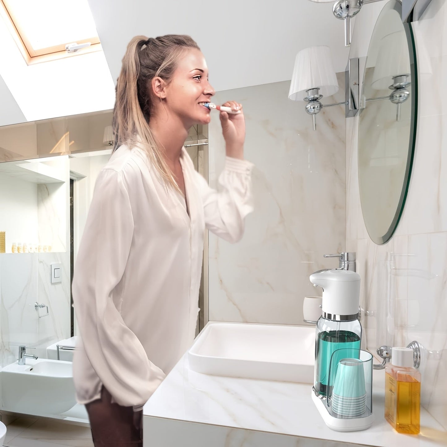 Automatic Mouthwash Dispenser – Smart Rinse Pump with Cup Holder, Infrared Sensor, 2 Dispense Levels, Rechargeable for All Ages