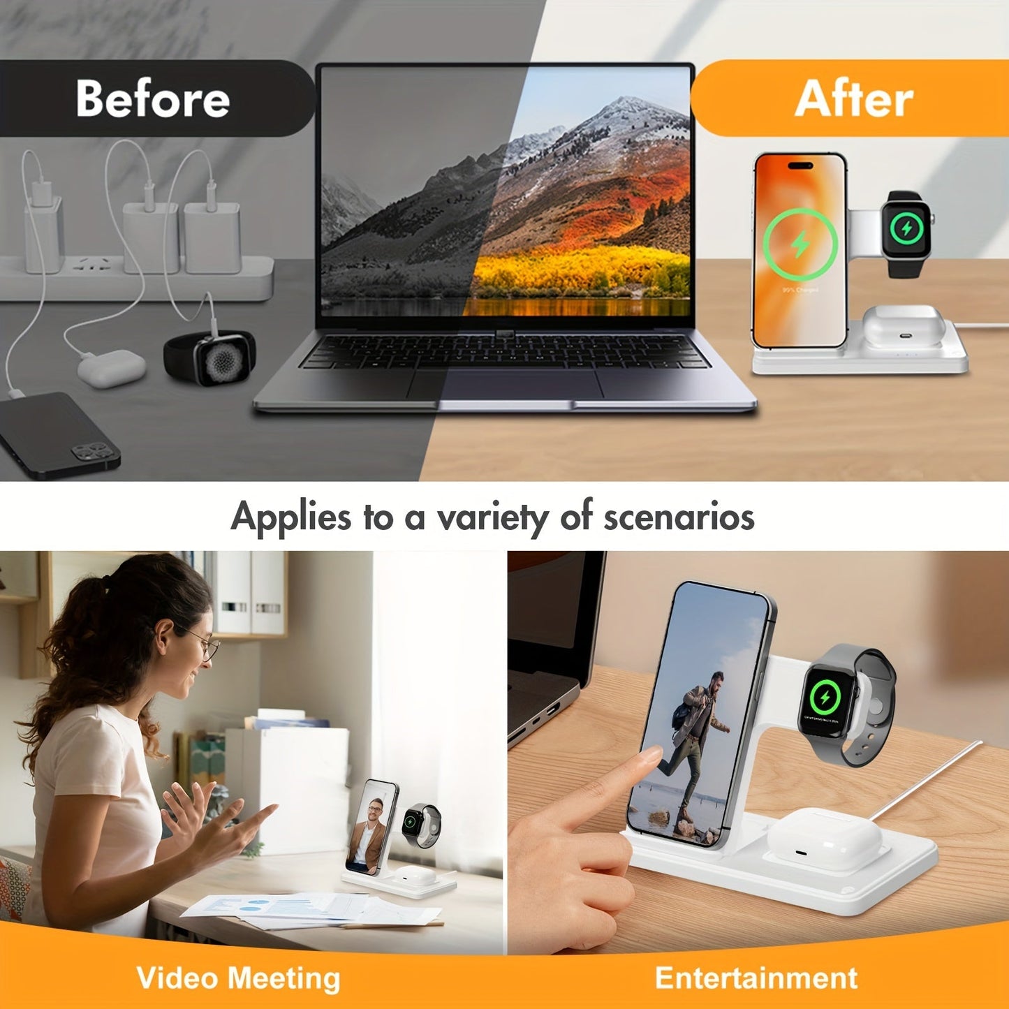 3 in 1 Fast Foldable Portable Wireless Charger - Compatible with iPhone 15/14 Pro Max/13/12/11, iWatch 9/8/7/6/5/4/3/2 SE , AirPods and Samsung Galaxy Devices S23/S22/S21/S20, Ideal for Multiple Device Charging
