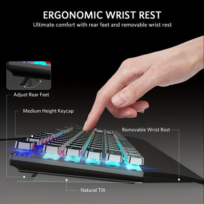 Mechanical Gaming Keyboard with LED Rainbow Backlit - 104 Anti-Ghosting Keys, Quick-Response Black Switches, Multimedia Controls, Removable Hand Rest for PC and Desktop Computers