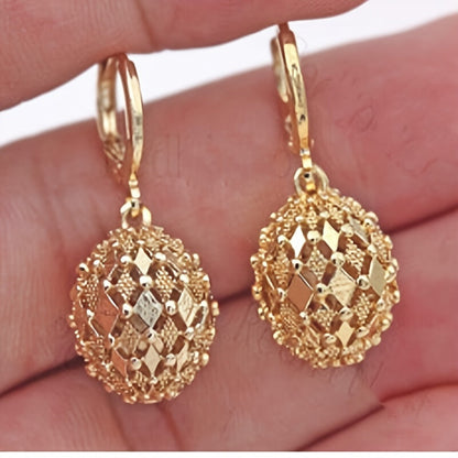 Vintage Metal Hand-Engraved Pattern Hoop Earrings - Classic Women's Gold-Plated Hook Drop Earrings