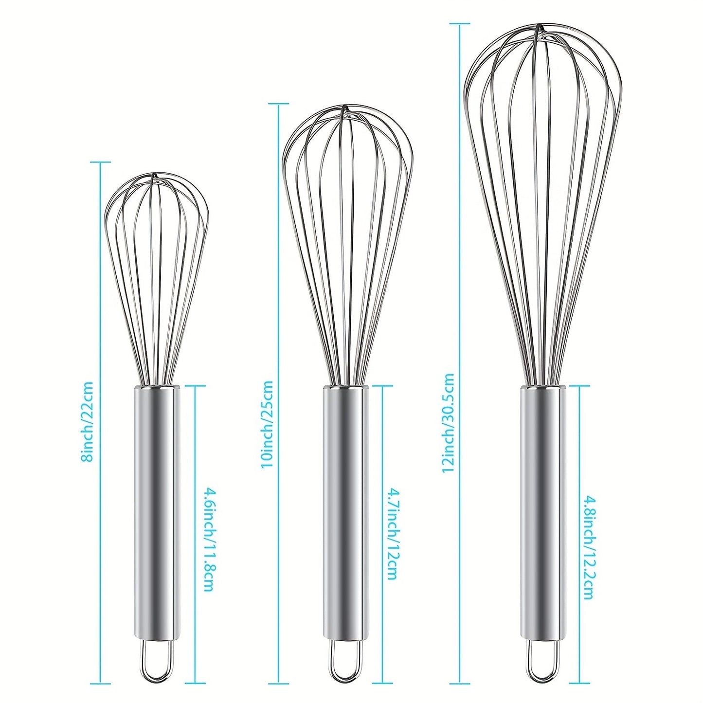 3pcs Stainless Steel Egg Whisk Set - 3 Sizes for Cooking, Baking, and Kitchen Use