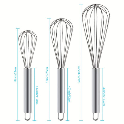 3pcs Stainless Steel Egg Whisk Set - 3 Sizes for Cooking, Baking, and Kitchen Use
