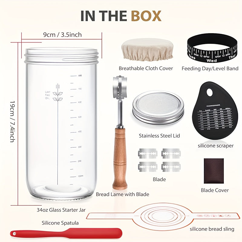 Sourdough Starter Kit - 34 Oz Large Glass Jar with Wide Mouth, Date Marked Feeding Strap - Reusable Bread Baking Supplies