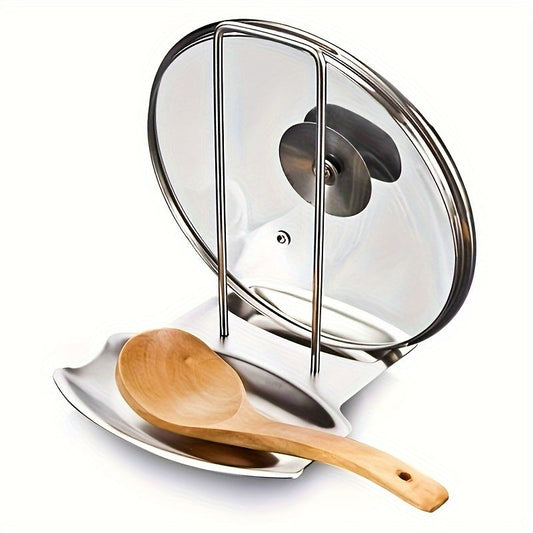 Stainless Steel Lid and Spoon Rest Stand - Detachable Pan Cover Holder, No-Drill Kitchen Organizer with Drip Tray, Eid Mubarak Special Cookware Accessory, Metal Material