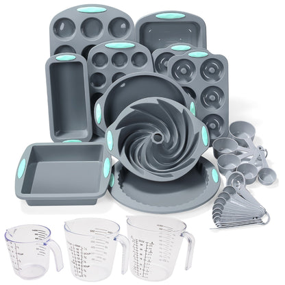 45pcs Silicone Baking Set - Nonstick Bakeware for Cookies, Cakes, Muffins, Bread, Pizza, Mini Cupcakes, Bundt, Charlotte Cake Pan, Includes Measuring Cups & Spoons, Baking Tools