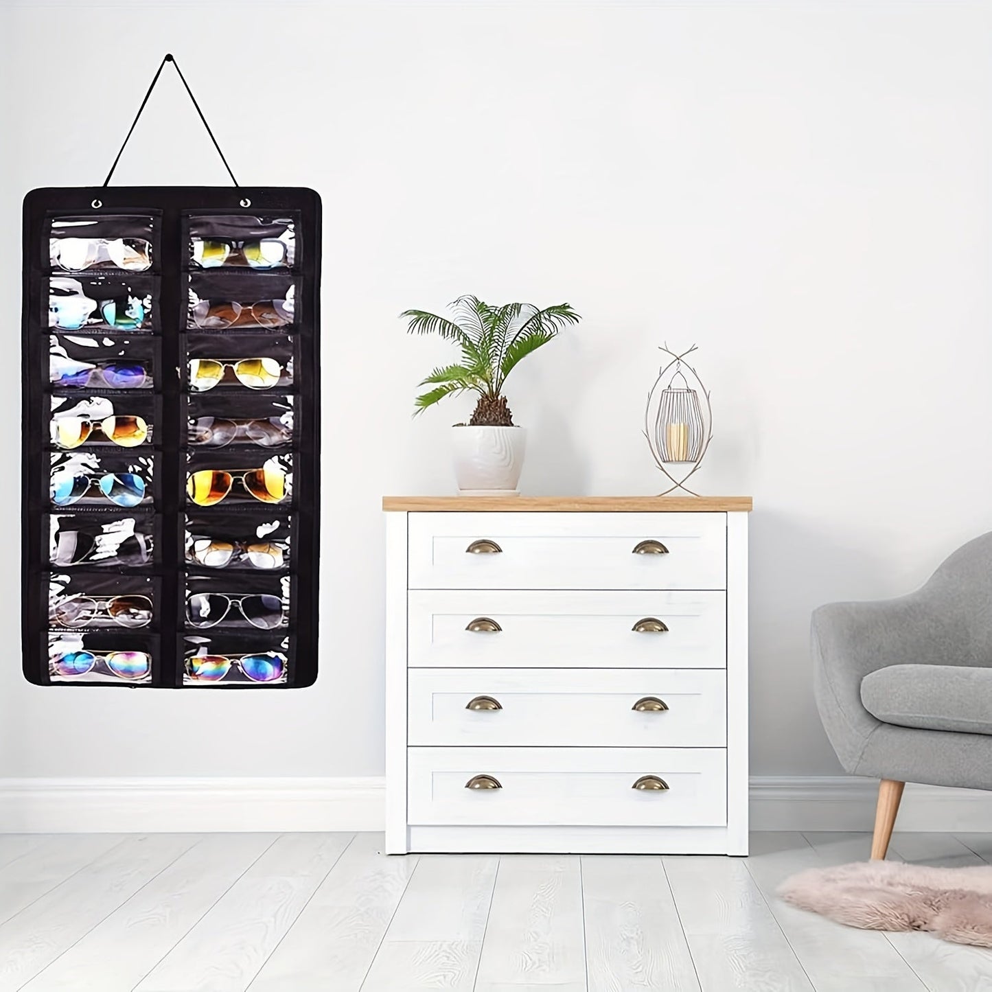 16 Slot Hanging Glasses Organizer - PVC Wall Pocket with Dust-Proof Holder, Metal Hook, and Sturdy Rope, Ideal for Women's Fashion Accessories, Perfect for Christmas/Halloween Gift