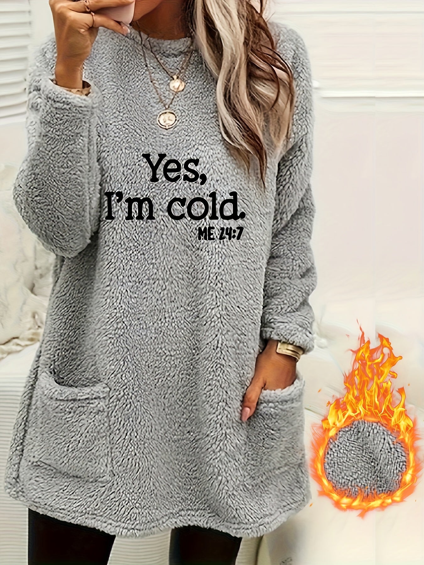 Women's Cozy Fleece Pullover Sweatshirt with Pockets – Long Sleeve Crew Neck for Fall & Winter
