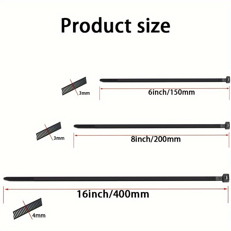 300pcs Heavy-Duty Nylon Cable Ties Set - Assorted Sizes 16"/8"/6", UV Resistant, Self-Locking, High Tensile Strength - Black Zip Ties for Home, Office, Industrial Cable Management
