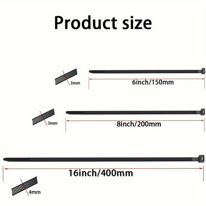 300pcs Heavy-Duty Nylon Cable Ties Set - Assorted Sizes 16"/8"/6", UV Resistant, Self-Locking, High Tensile Strength - Black Zip Ties for Home, Office, Industrial Cable Management